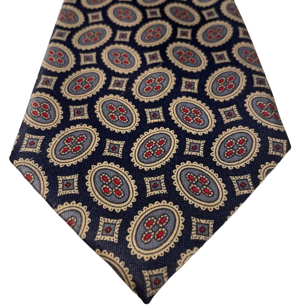 Vintage Merceds Hand Made 100% Silk Tie Navy Cream and Red Geometric Design EUC - Picture 5 of 8